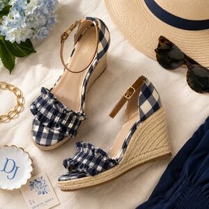 Draper James RSVP Navy Gingham Ruffle Espadrille Wedge Sandals Womens 9 Buffalo